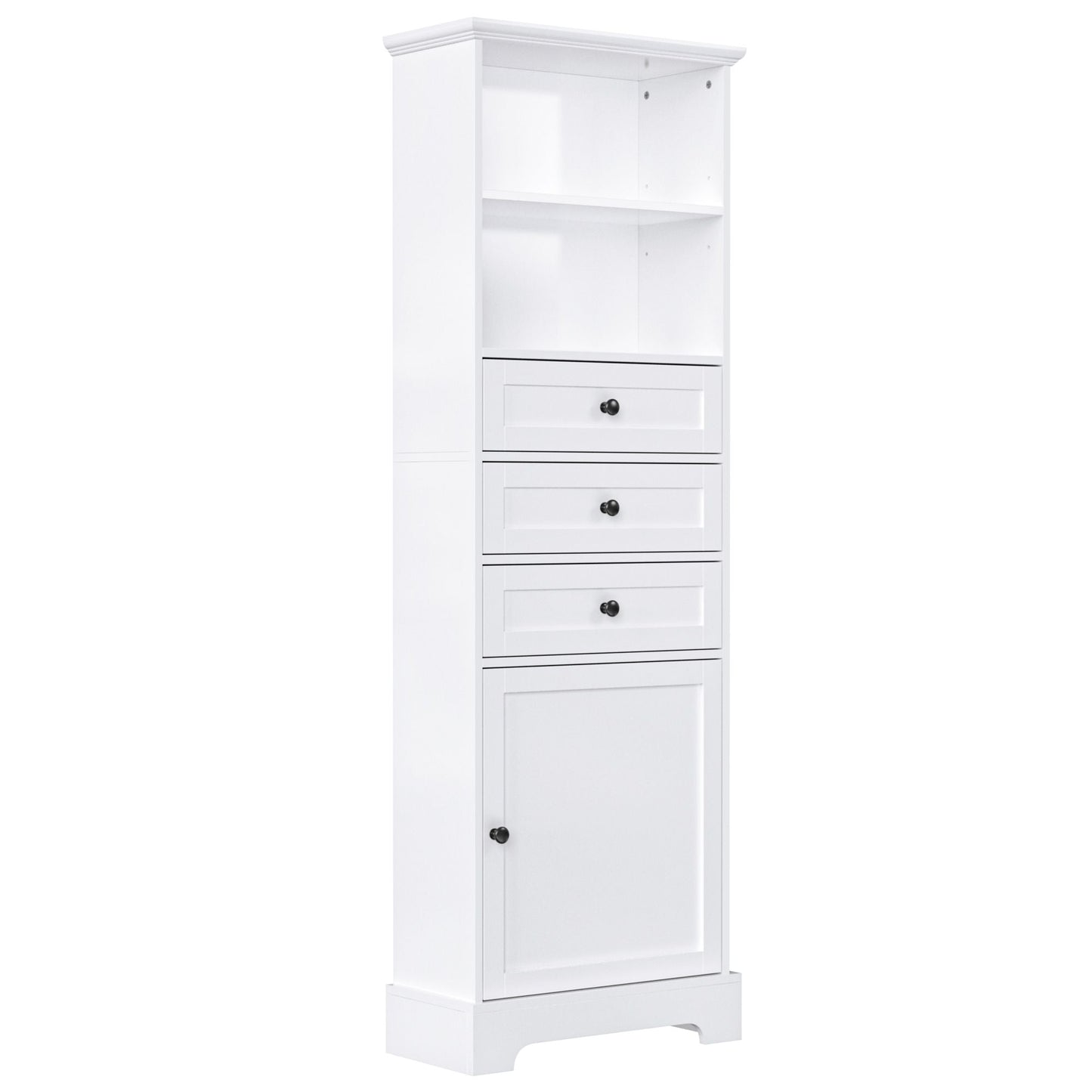 White Tall Storage Cabinet with 3 Drawers and Adjustable Shelves for Bathroom, Study, Office and Interior, MDF Board with Painted Finish - DelightsDownSouth