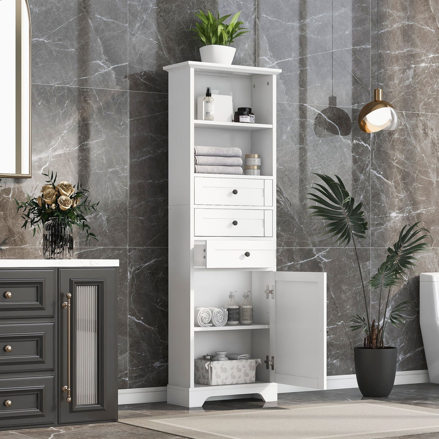 White Tall Storage Cabinet with 3 Drawers and Adjustable Shelves for Bathroom, Study, Office and Interior, MDF Board with Painted Finish - DelightsDownSouth