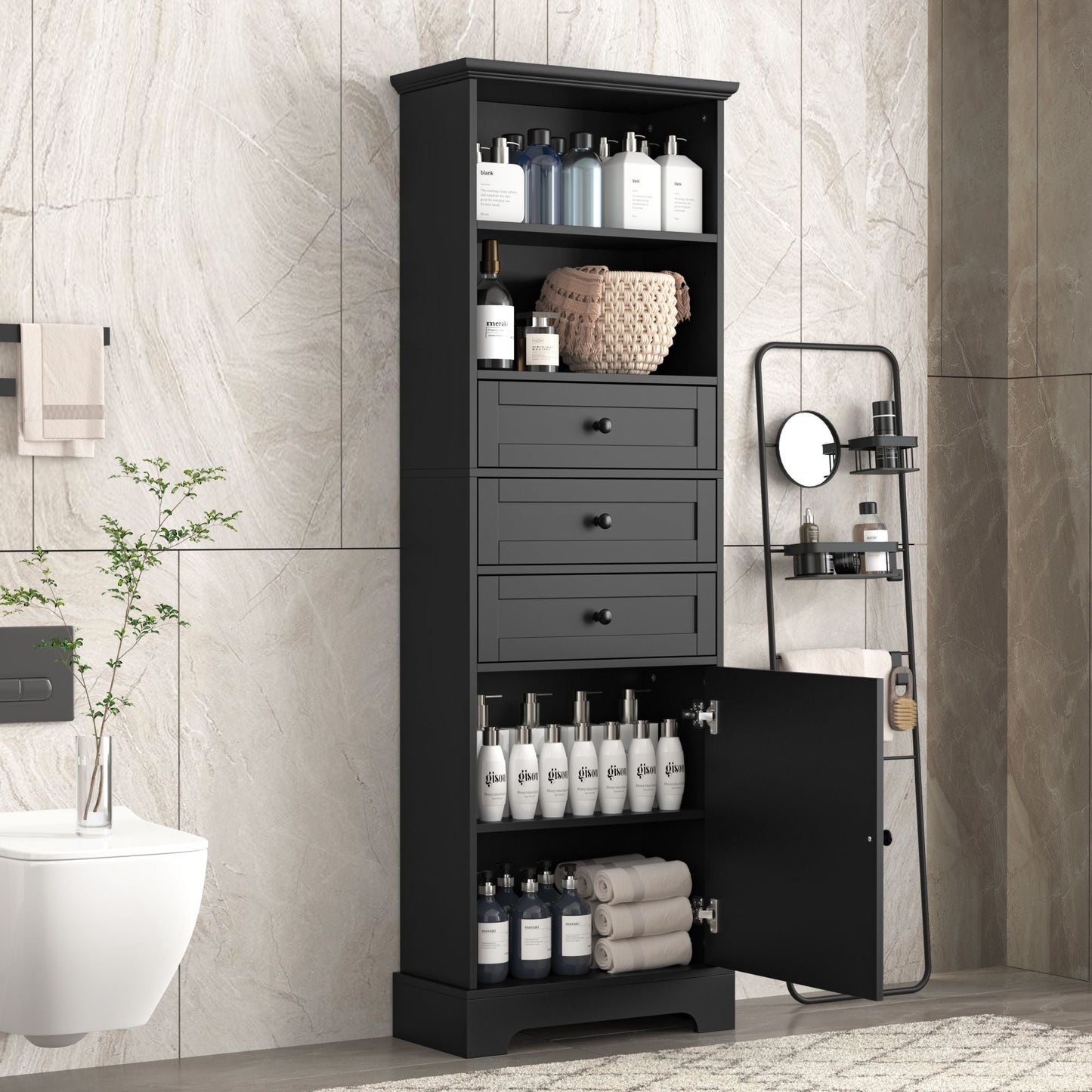 White Tall Storage Cabinet with 3 Drawers and Adjustable Shelves for Bathroom, Study, Office and Interior, MDF Board with Painted Finish - DelightsDownSouth