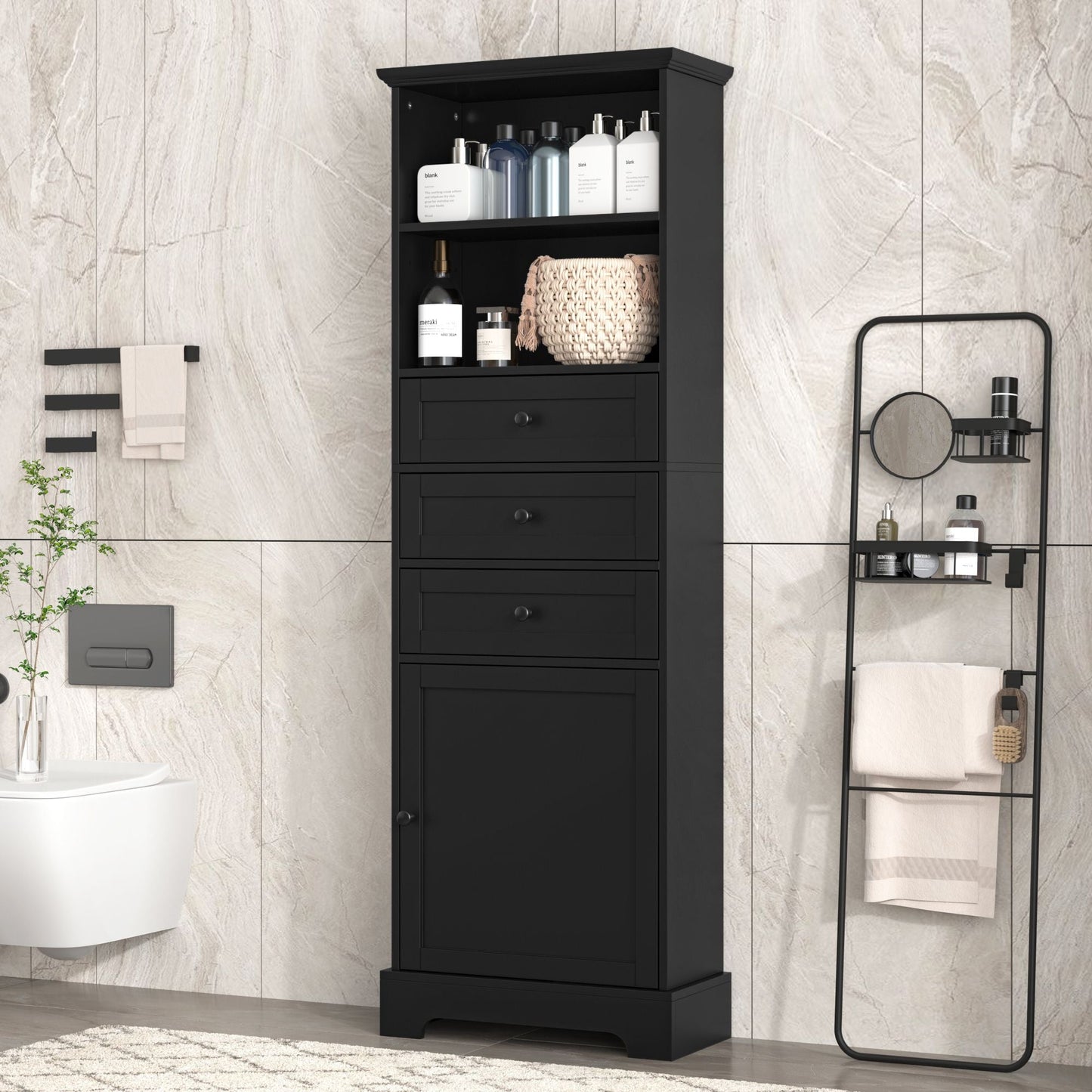 White Tall Storage Cabinet with 3 Drawers and Adjustable Shelves for Bathroom, Study, Office and Interior, MDF Board with Painted Finish - DelightsDownSouth