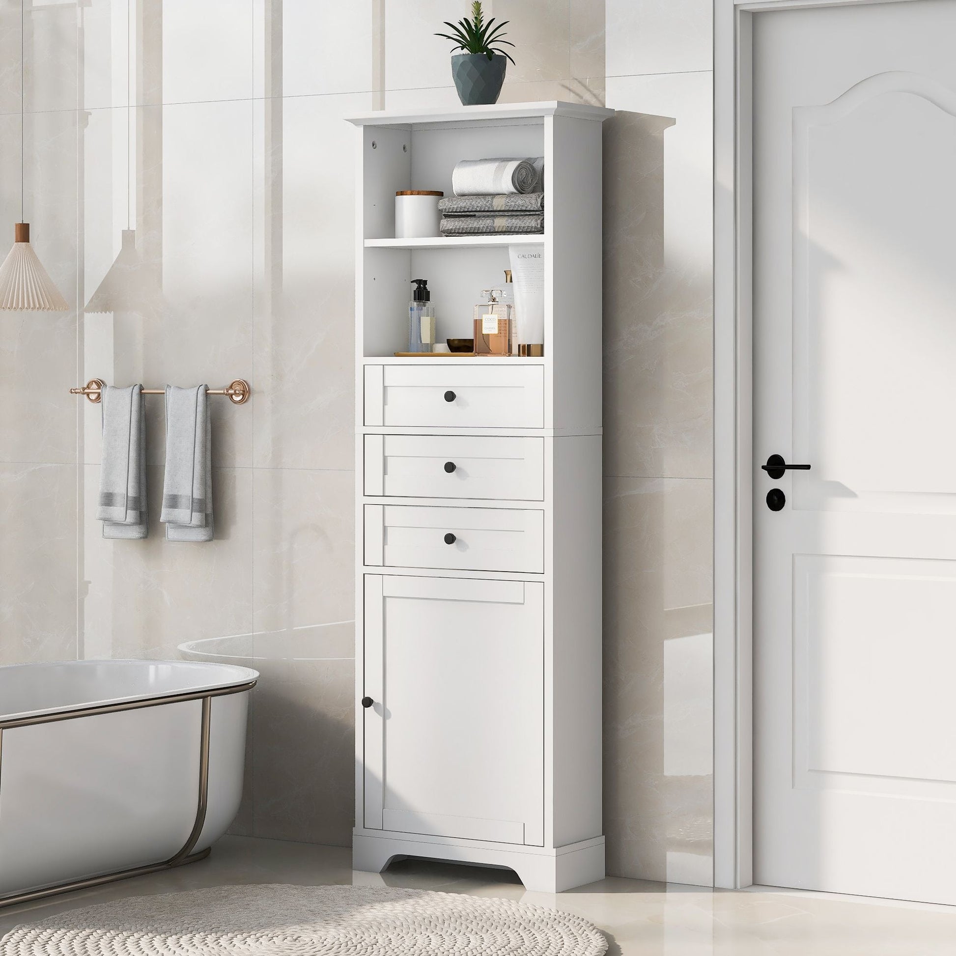 White Tall Storage Cabinet with 3 Drawers and Adjustable Shelves for Bathroom, Study, Office and Interior, MDF Board with Painted Finish - DelightsDownSouth