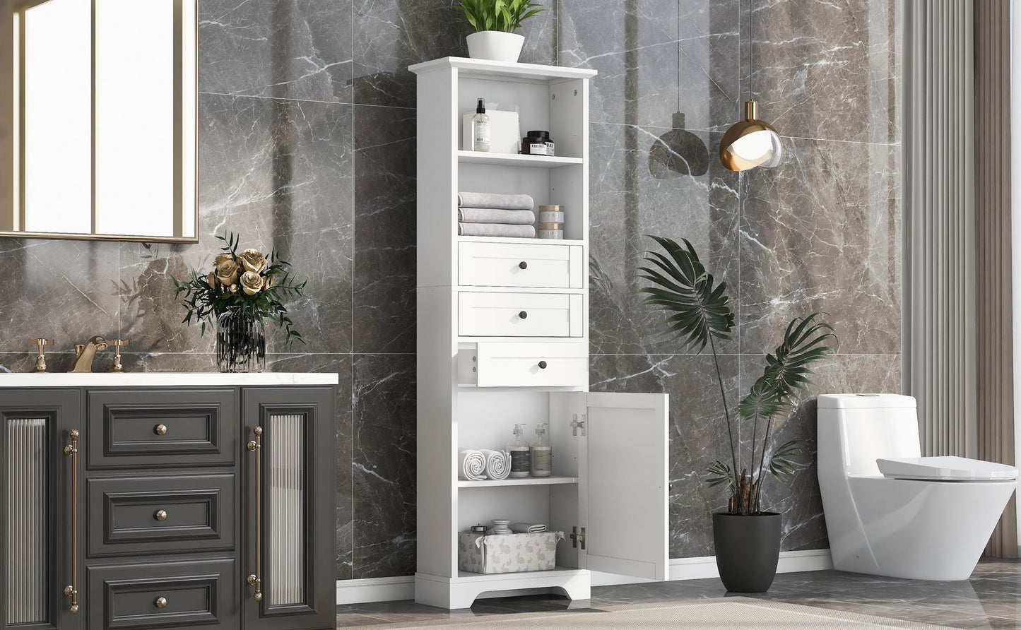White Tall Storage Cabinet with 3 Drawers and Adjustable Shelves for Bathroom, Study, Office and Interior, MDF Board with Painted Finish - DelightsDownSouth