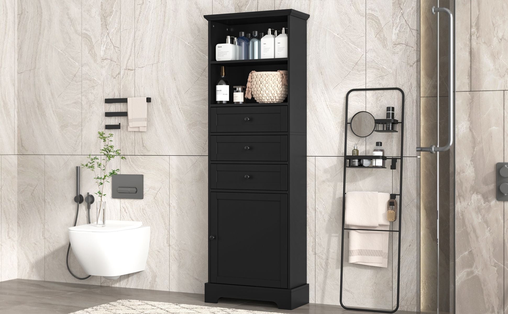 White Tall Storage Cabinet with 3 Drawers and Adjustable Shelves for Bathroom, Study, Office and Interior, MDF Board with Painted Finish - DelightsDownSouth