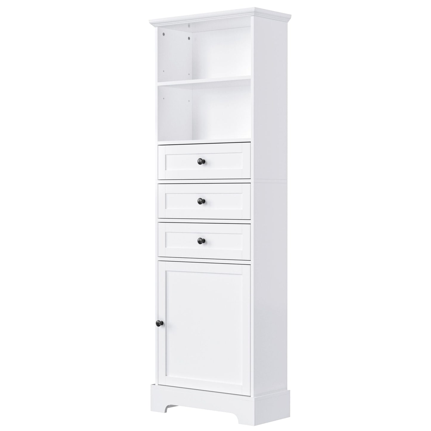 White Tall Storage Cabinet with 3 Drawers and Adjustable Shelves for Bathroom, Study, Office and Interior, MDF Board with Painted Finish - DelightsDownSouth