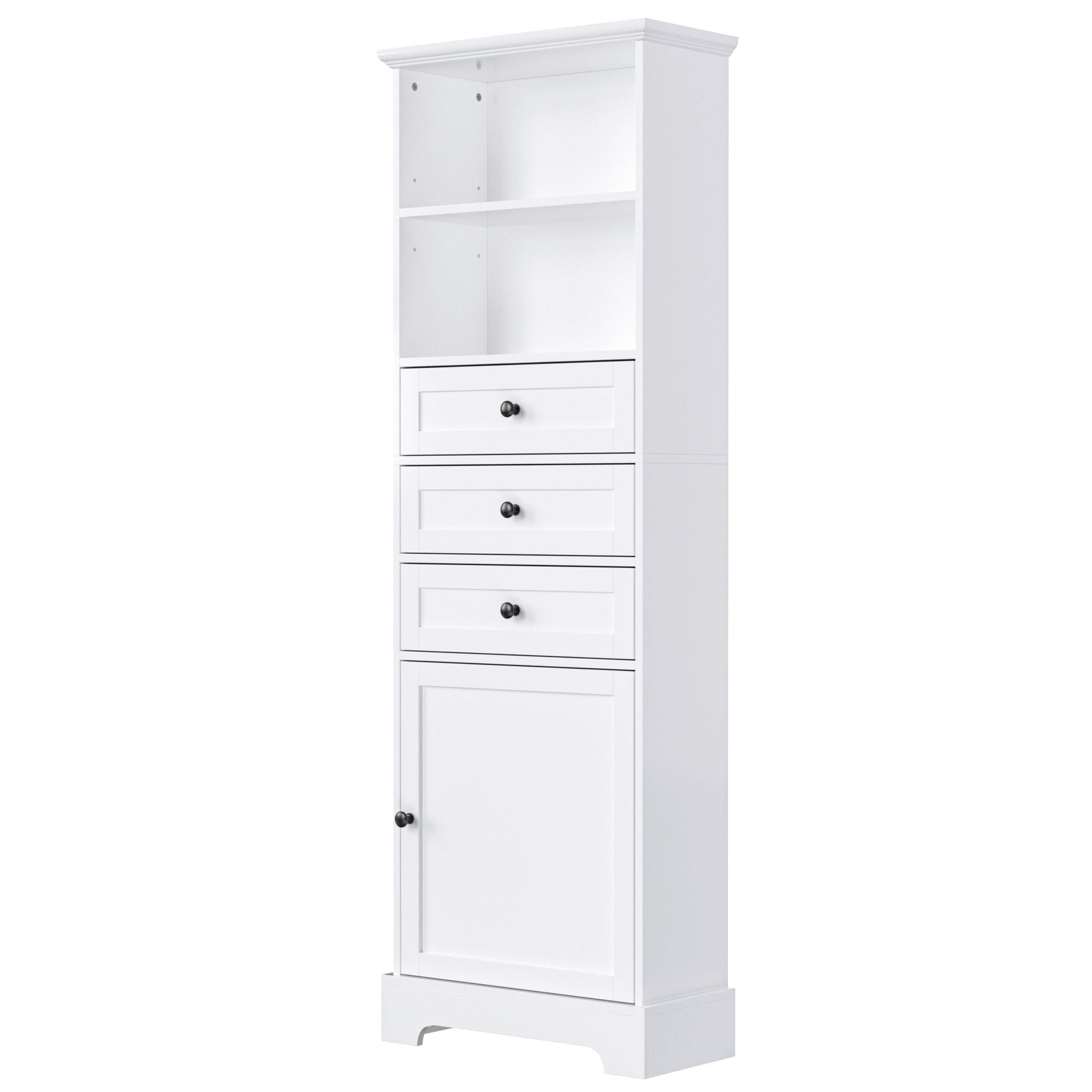 White Tall Storage Cabinet with 3 Drawers and Adjustable Shelves for Bathroom, Study, Office and Interior, MDF Board with Painted Finish - DelightsDownSouth