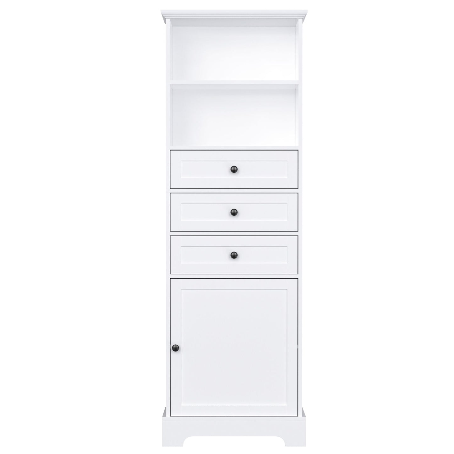 White Tall Storage Cabinet with 3 Drawers and Adjustable Shelves for Bathroom, Study, Office and Interior, MDF Board with Painted Finish - DelightsDownSouth