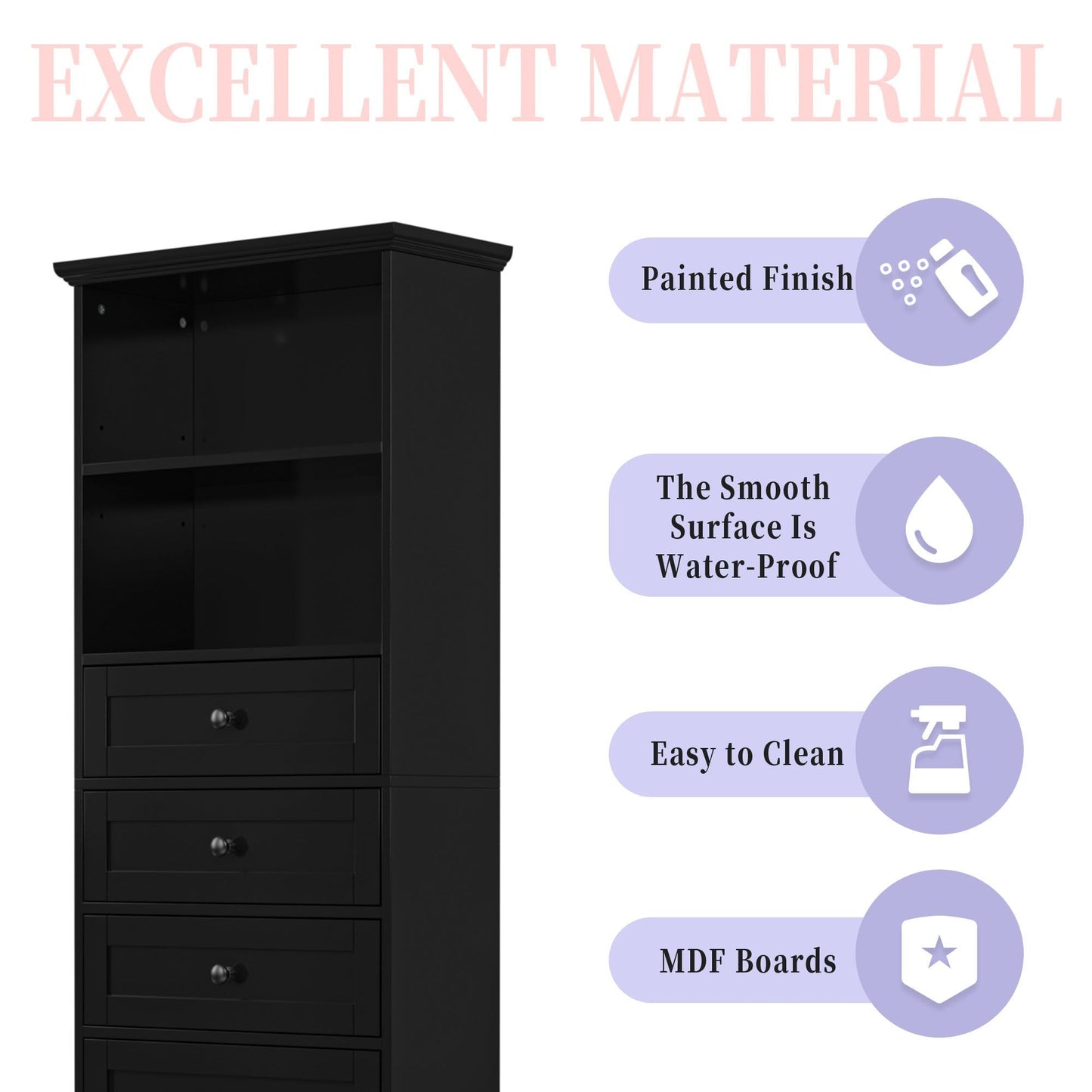 White Tall Storage Cabinet with 3 Drawers and Adjustable Shelves for Bathroom, Study, Office and Interior, MDF Board with Painted Finish - DelightsDownSouth