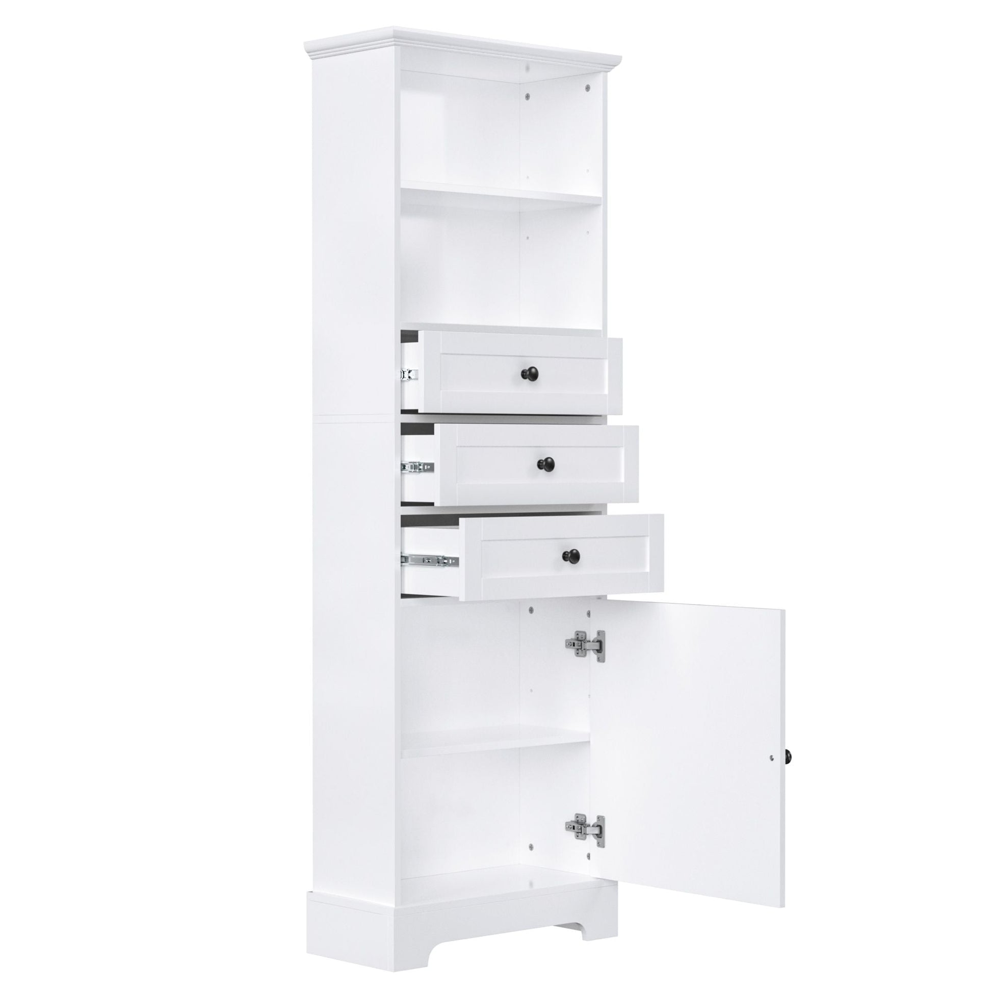 White Tall Storage Cabinet with 3 Drawers and Adjustable Shelves for Bathroom, Study, Office and Interior, MDF Board with Painted Finish - DelightsDownSouth