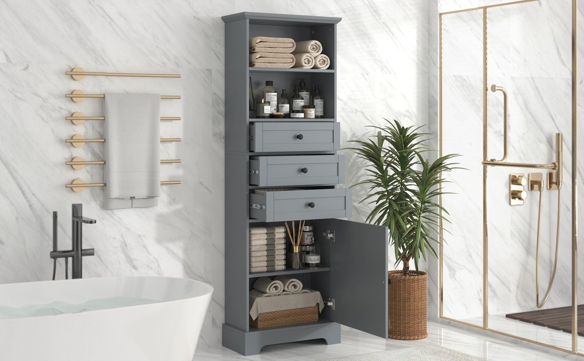 White Tall Storage Cabinet with 3 Drawers and Adjustable Shelves for Bathroom, Study, Office and Interior, MDF Board with Painted Finish - DelightsDownSouth