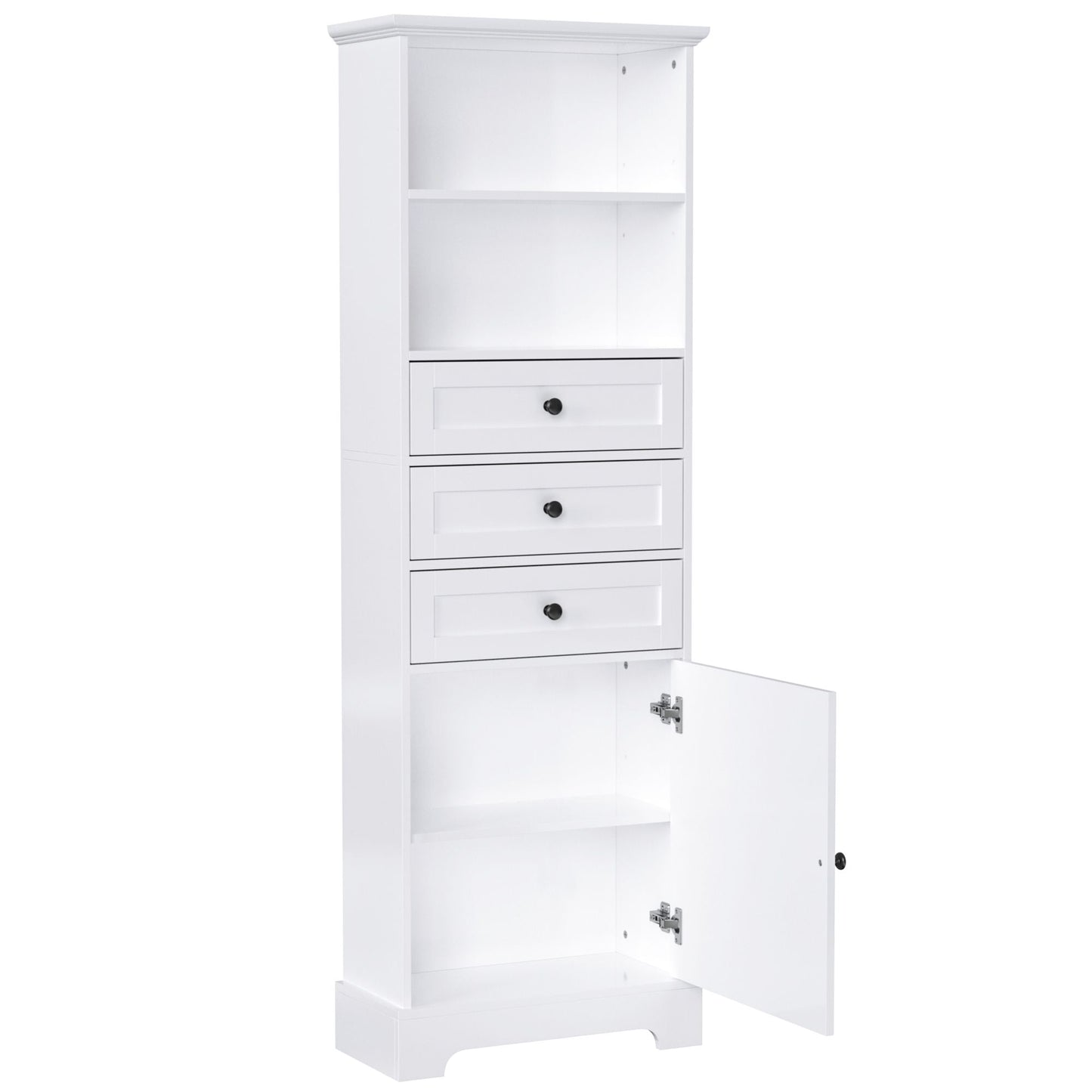 White Tall Storage Cabinet with 3 Drawers and Adjustable Shelves for Bathroom, Study, Office and Interior, MDF Board with Painted Finish - DelightsDownSouth