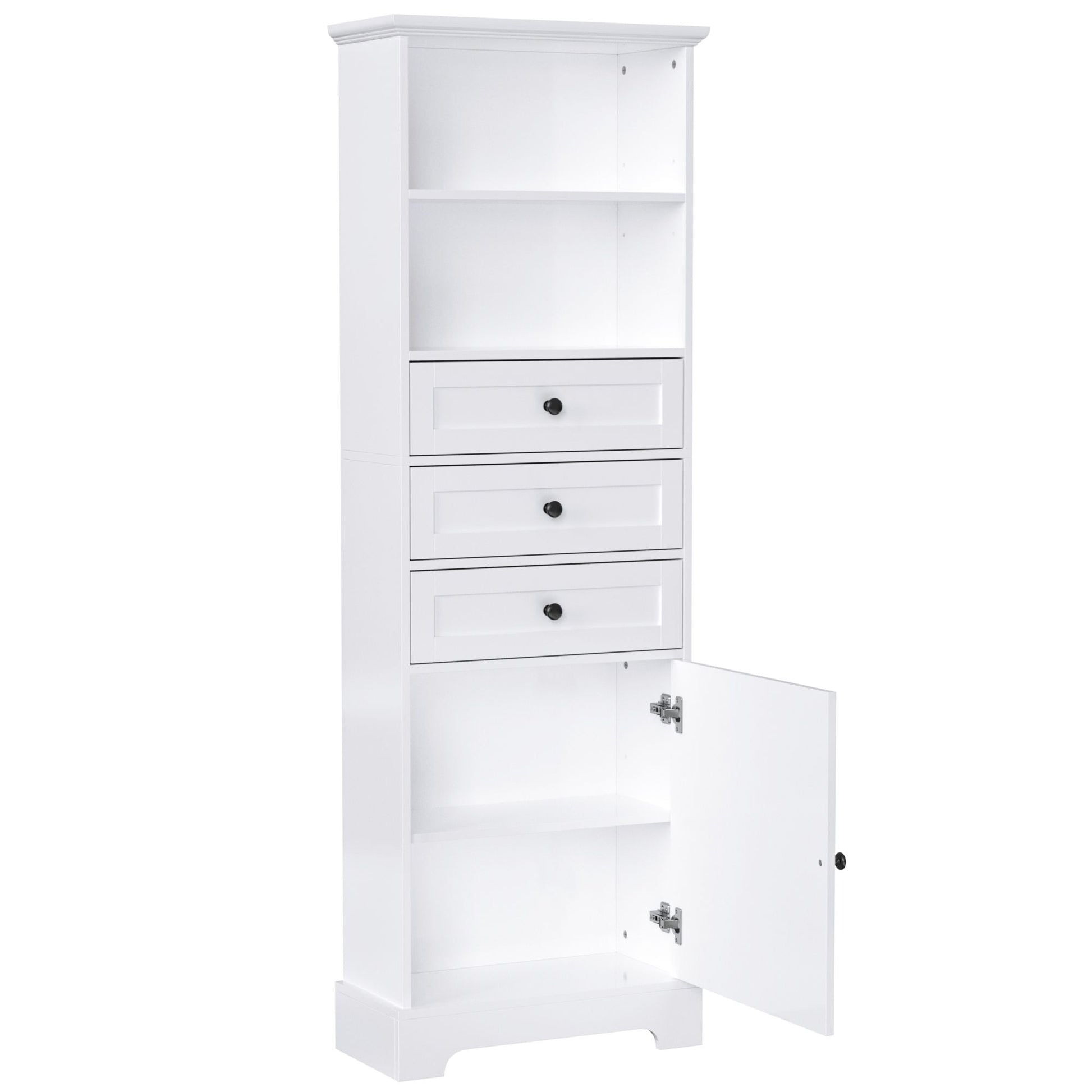White Tall Storage Cabinet with 3 Drawers and Adjustable Shelves for Bathroom, Study, Office and Interior, MDF Board with Painted Finish - DelightsDownSouth