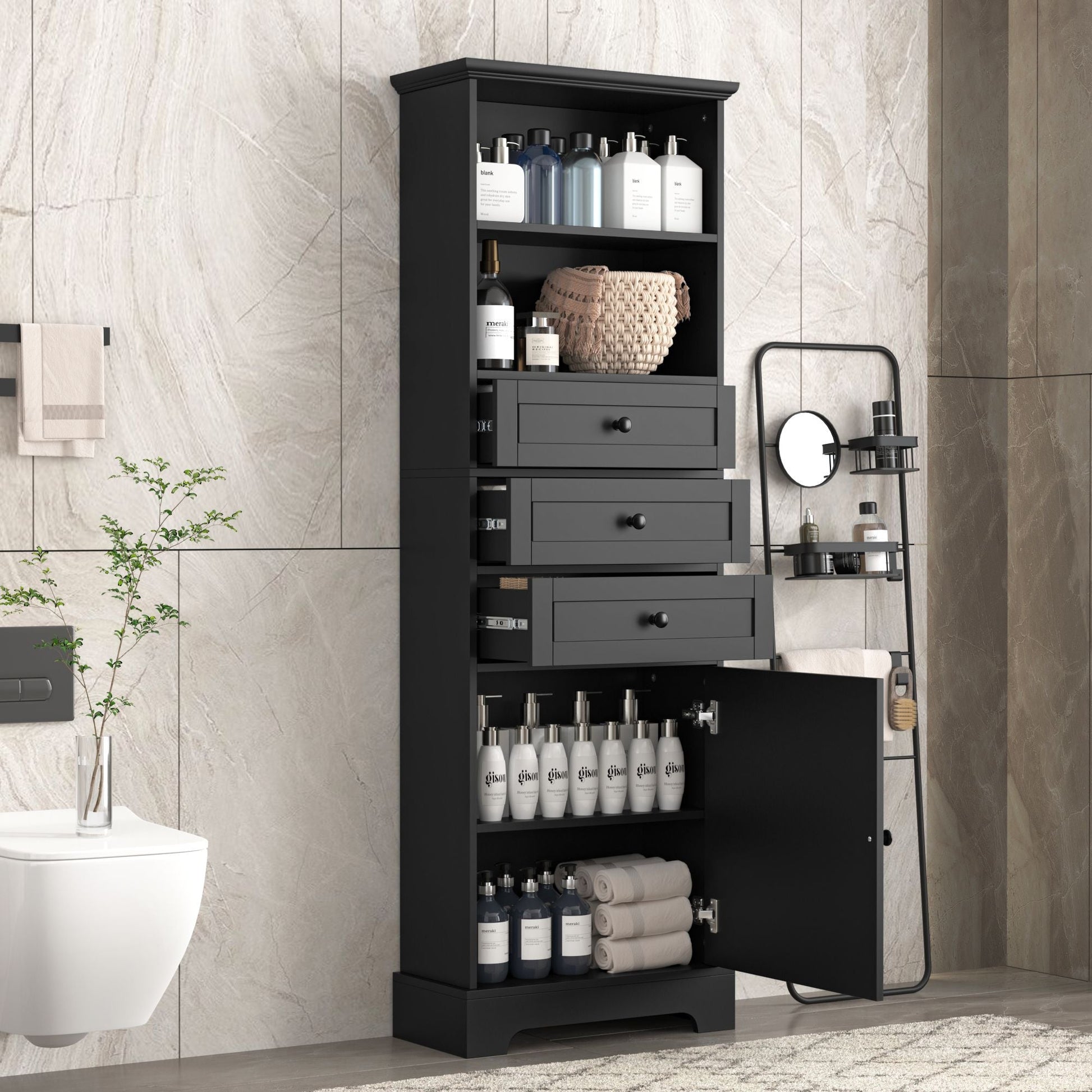 White Tall Storage Cabinet with 3 Drawers and Adjustable Shelves for Bathroom, Study, Office and Interior, MDF Board with Painted Finish - DelightsDownSouth