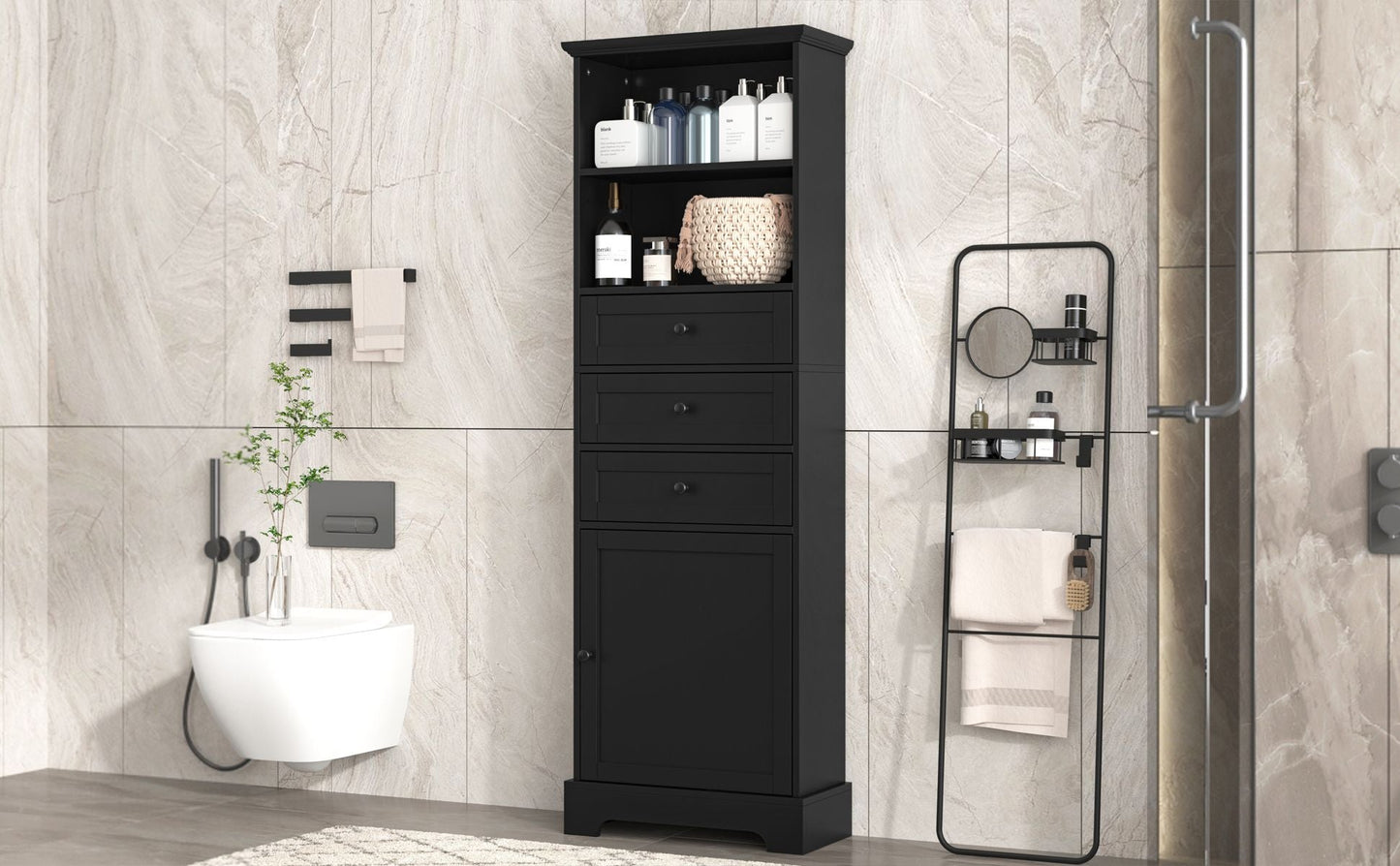 White Tall Storage Cabinet with 3 Drawers and Adjustable Shelves for Bathroom, Study, Office and Interior, MDF Board with Painted Finish - DelightsDownSouth