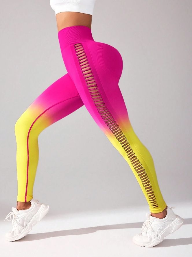 Women's High - Waisted Gradient Yoga Pants, Cutout Leggings, Booty Lifting, Athletic Long Tights For Fitness Workout, Breathable Sportswear - DelightsDownSouth