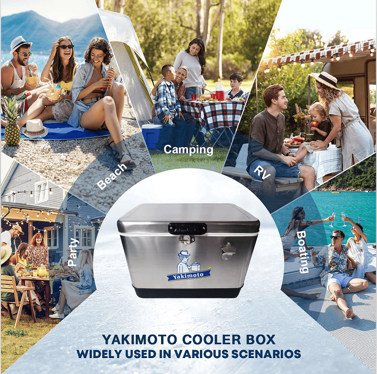 Yakimoto Ice Chest Beverage Beer Cooler Box With Bottle Opener, 51L/54Qt Stainless Steel Portable Insulated Ice Bucket, Sturdy And Leak - proof, For Camping, Beach, Picnic, RV, BBQ, Picnic, Fishing - DelightsDownSouth