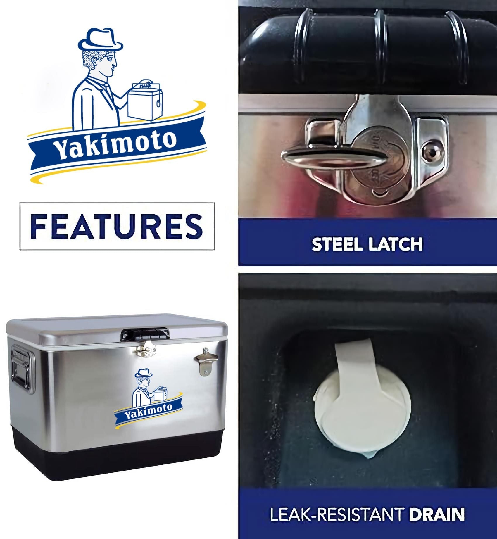 Yakimoto Ice Chest Beverage Beer Cooler Box With Bottle Opener, 51L/54Qt Stainless Steel Portable Insulated Ice Bucket, Sturdy And Leak - proof, For Camping, Beach, Picnic, RV, BBQ, Picnic, Fishing - DelightsDownSouth