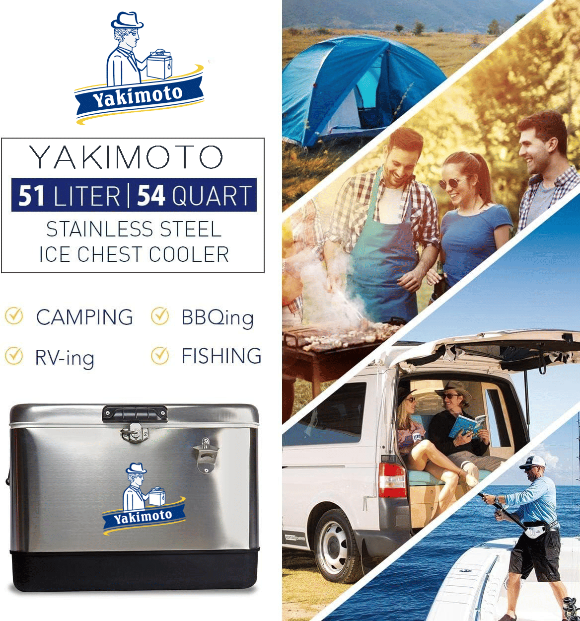 Yakimoto Ice Chest Beverage Beer Cooler Box With Bottle Opener, 51L/54Qt Stainless Steel Portable Insulated Ice Bucket, Sturdy And Leak - proof, For Camping, Beach, Picnic, RV, BBQ, Picnic, Fishing - DelightsDownSouth