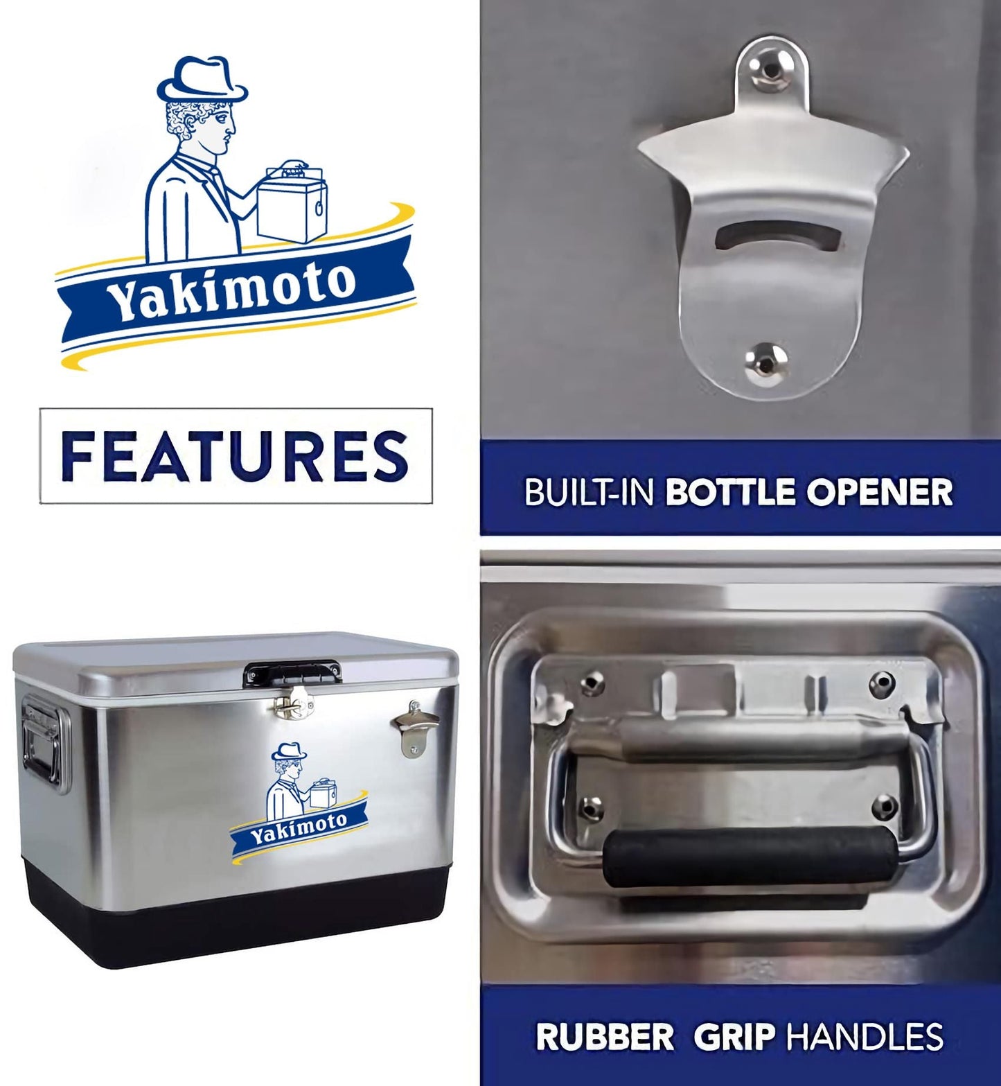 Yakimoto Ice Chest Beverage Beer Cooler Box With Bottle Opener, 51L/54Qt Stainless Steel Portable Insulated Ice Bucket, Sturdy And Leak - proof, For Camping, Beach, Picnic, RV, BBQ, Picnic, Fishing - DelightsDownSouth